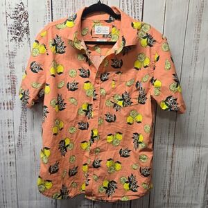 Hurley Brand Mens Peach Lemon Print Short Sleeve Button Up Stretch Fit Shirt L